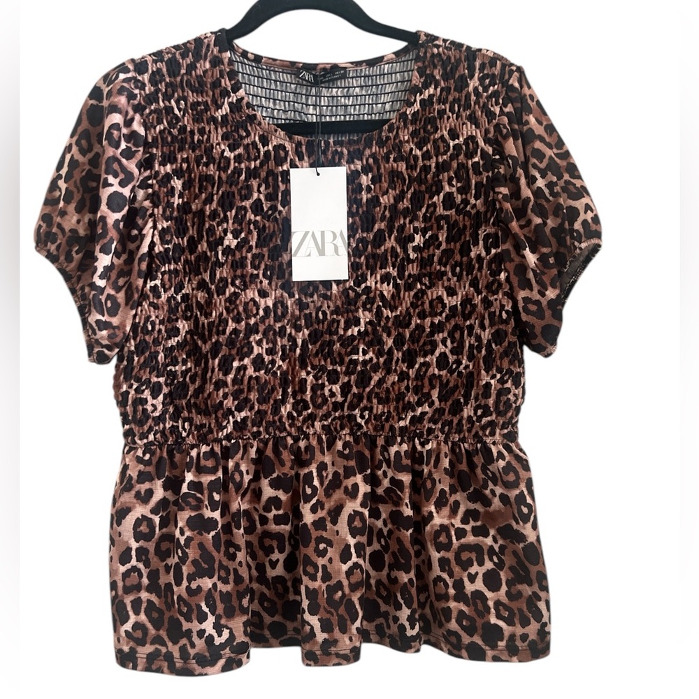 Zara Animal Print Smocked Waist Blouse Size Large